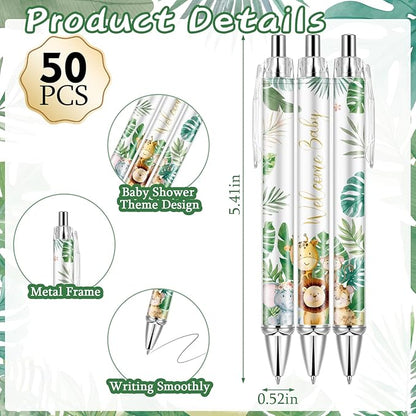 50 Sets Pen Baby Shower Favors Gifts for Guests Includes 50 Rolling Paper Ballpoint Pens and 50 Greeting Thank You Bookmarks Baby Shower Party Favors (Safari)
