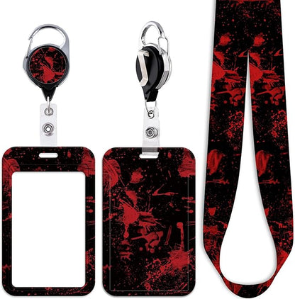Red & Black ID Lanyard Badge Holder & Retractable Badge Reel Clip Horror Halloween Keychain Lanyard for Women Men Teens for ID Badges Cool Goth Key Lanyard ID Holder