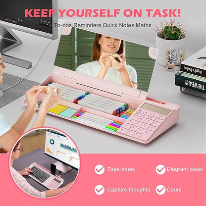 Desktop Glass Whiteboard with Mirror & Calculator(12 Digit LCD Display) & Ruler Marker,Tilted Computer Keyboard Stand with Dry Erase Board Surface, Desk Organizers with Accessories,Pink