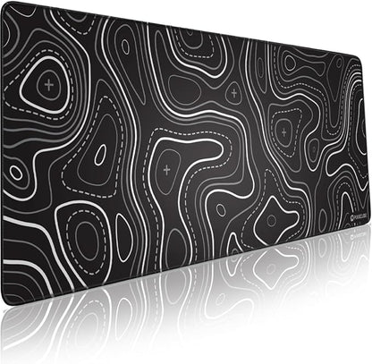 Minimalist Topographic Map Mouse Pad - Contour Extended Large Stitch Edge Mousepad. Black & White Non-Slip XL Gaming Desk Mat
