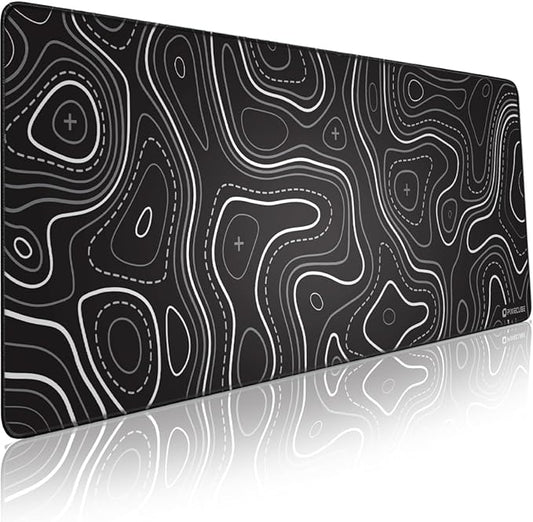 Minimalist Topographic Map Mouse Pad - Contour Extended Large Stitch Edge Mousepad. Black & White Non-Slip XL Gaming Desk Mat
