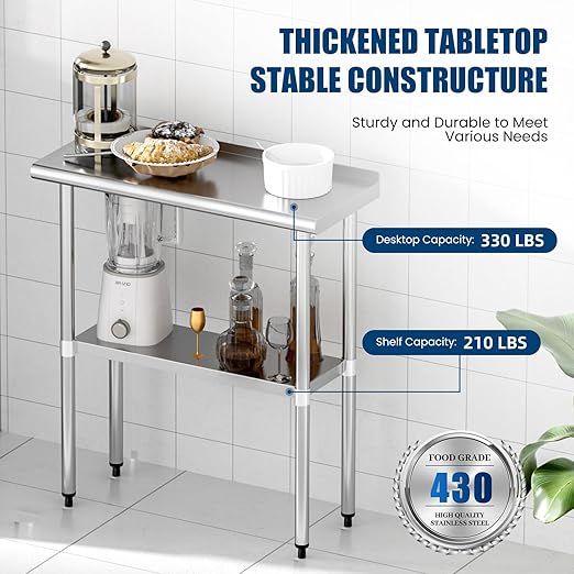 Stainless Steel Table 14 x 30 Inches Metal Prep Table with Backsplash & Adjustable Undershelf for Commercial Kitchen, Outdoor, Restaurant, Hotel & Garage