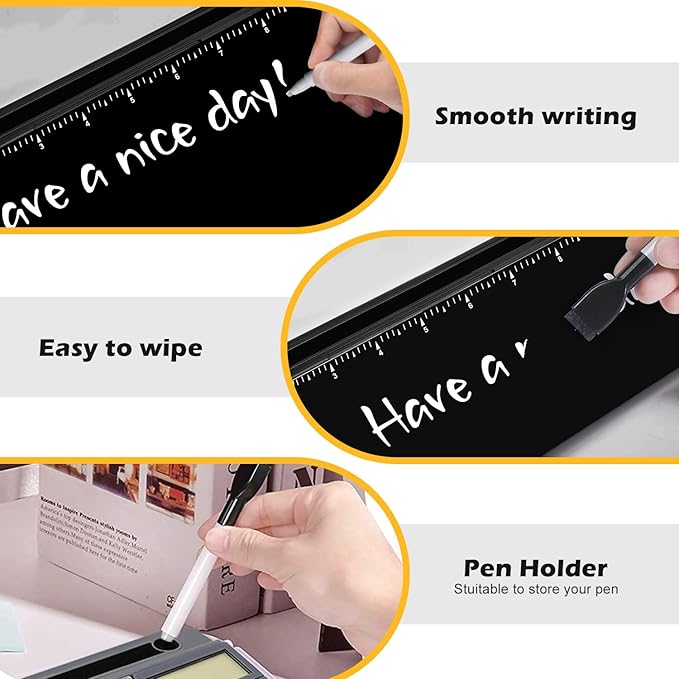 Desktop Glass Whiteboard with Calculator(12 Digit LCD Display) & Ruler Marker,Tilted Notepad Computer Keyboard Stand with Black Dry Erase Board Surface, Desk Organizers with Accessories,Black