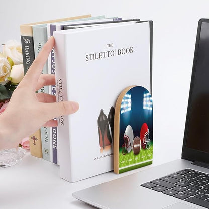 2 Pack Wood Bookends, Sport Ball Football Helmet Non-Skid Book Ends for Heave Books, Decorative Bookends for Shelves Desk, Book Stoppers Book Holders for Home Office Library School