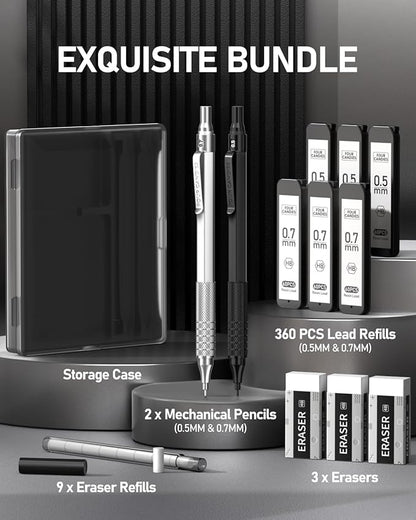 Four Candies 2PCS Metal Mechanical Pencils Set with Case, 0.5mm & 0.7 mm Artist Pencil with 6 Tubes (360PCS) HB Lead Refills, 3 Erasers,9 Eraser Refills For Writing Drafting, Drawing, Black&Silver