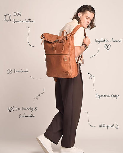 Genuine Leather Backpack for Men, Large Roll Top Backpack, Laptop Bookbag, Roll On Vintage Rucksack for College, Work & Travel, Brown, X-Large - 17.3 Inch