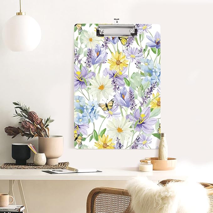 WAVEYU Cute Hardboard Office Clipboard, Clipboard with Low Profile Clip Designed for Students Classroom School and Office Use(12.5"x9"), Yellow Flower
