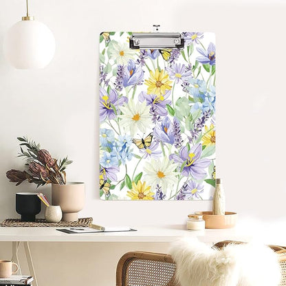 WAVEYU Cute Hardboard Office Clipboard, Clipboard with Low Profile Clip Designed for Students Classroom School and Office Use(12.5"x9"), Yellow Flower