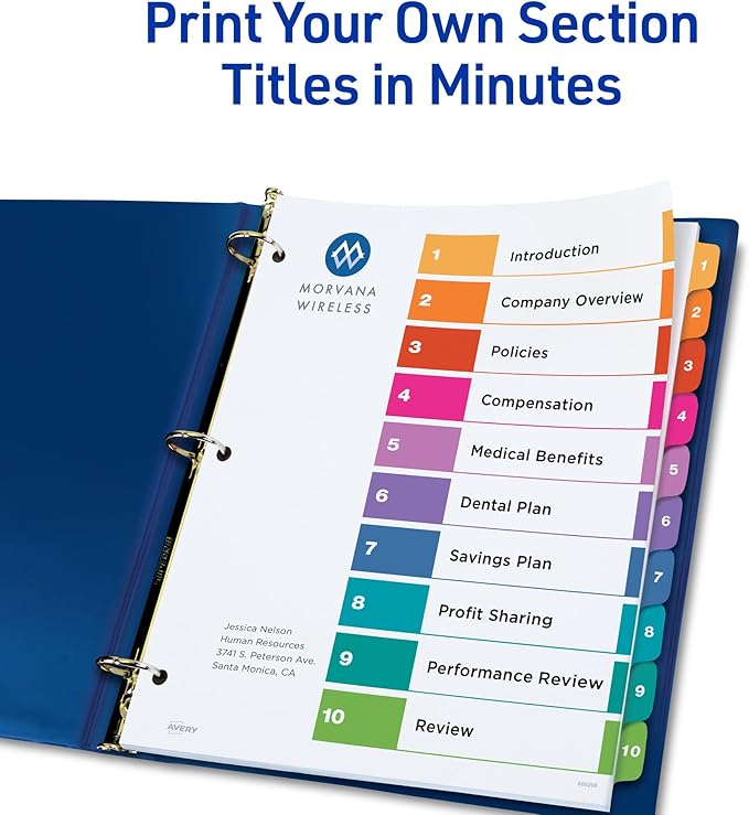 Avery 10 Tab Dividers for 3 Ring Binders, Customizable Table of Contents, Multicolor Tabs, 3 Sets (11072)