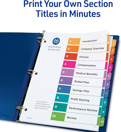 Avery 10 Tab Dividers for 3 Ring Binders, Customizable Table of Contents, Multicolor Tabs, 3 Sets (11072)