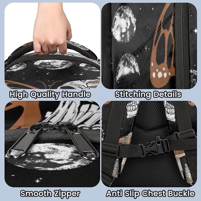 Brown Gothic Skull Butterfly Black Galaxy Space Backpack School Bookbag Laptop Purse Casual Daypack for Teen Girls Women Boys Men College Travel