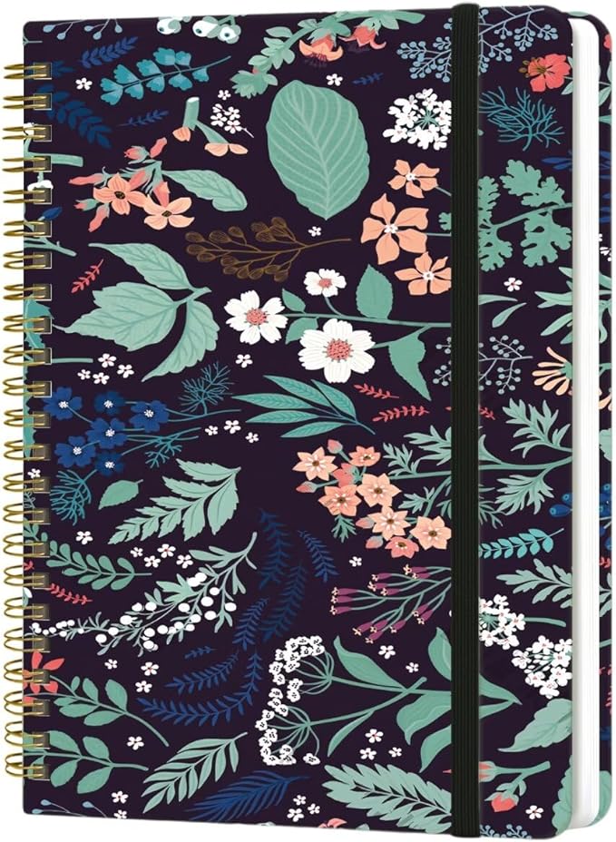 Spiral Notebook - A5 Spiral Notebooks, 8.3'' × 5.8'', 160 Pages, Aesthetic Journaling Notebooks for Women, College Lined Notebook with Elastic Closure, Back Pocket, for School Office, Leaves Black