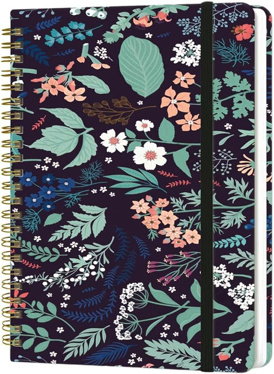 Spiral Notebook - A5 Spiral Notebooks, 8.3'' × 5.8'', 160 Pages, Aesthetic Journaling Notebooks for Women, College Lined Notebook with Elastic Closure, Back Pocket, for School Office, Leaves Black