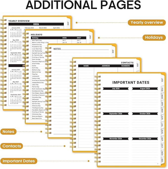 2026 Planner, Weekly and Monthly Calender Planner, Jan 2026 to Dec 2026, Hardcover 2026 Calendar Planner Book with Tabs & Inner Pocket, Office Home School Supplies for Women & Men - A5 (6.3" x 8.5"), Yellow