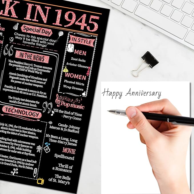 Joycard 80th Anniversary Card for Women, Wedding Card for Wife, Sweet Marriage Decorations Gifts for Couple, Perfect for Her on Anniversary Day, Back in 1945