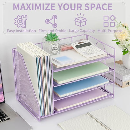 OPNCIE Desk Organizers and Accessories, 4 Tier Paper Letter Tray File Organizer, Office Organization Storage Desk Accessories Workspace Desktop Organizer for Classroom Office Supplies Decor, Purple