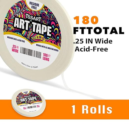 White Art Tape Medium Tack - Masking Artists Tape for Drafting Art Watercolor Painting Canvas Framing - Acid Free 1/4 Inch/ 0.25inch Wide 180FT Long