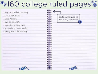 Steel Mill & Co Cute Large Spiral Notebook College Ruled, 11" x 9.5" with Durable Hardcover and 160 Lined Pages, Watercolor Floral (White)