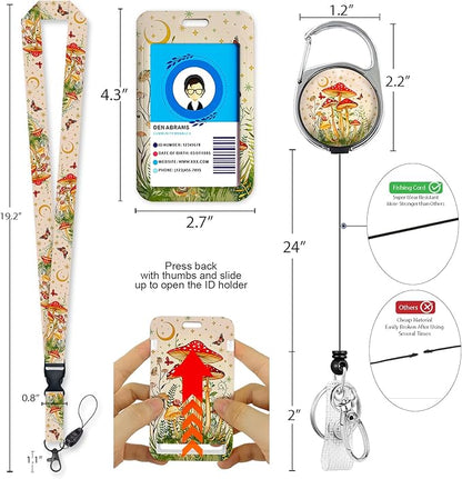 Giancomics Mushroom Lanyards for Id Badges, Cute ID Badge Holder with Lanyard Badge Reel Retractable, Teacher Lanyard with ID Holder Keychain Clip Name Tag ID Card Holder for Women Work Office Gift