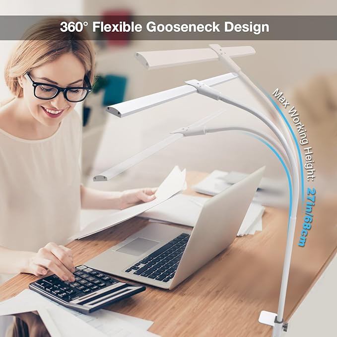 LED Desk Lamp, Double Head Desk Lamps for Home Office, Dimmable 25 Lighting Modes Bright Desk Lighting,12W 1400lm Eye-Caring Architect Table Lamp for Workbench Monitor Reading Study, White