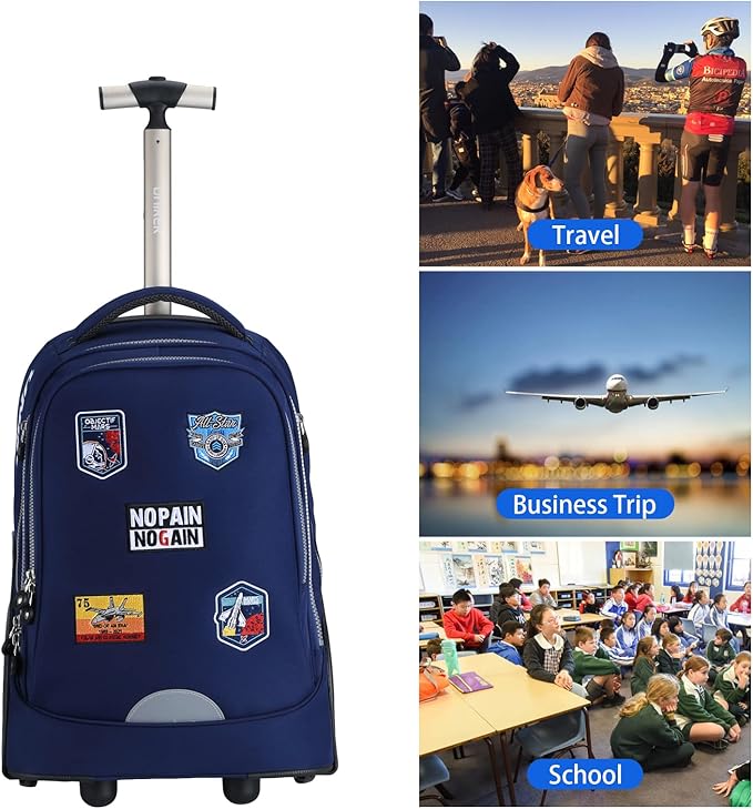 UNIKER Rolling Backpack without Straps for Boys, Roller Travel Bag,Wheeled Bookbag High School,Trolley Middle School Bag for Teens,Schoolbag with Wheels