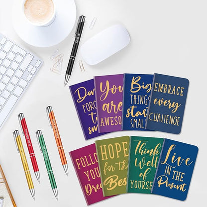 Funrous 32 Pcs Motivational Quote Pens Inspirational Notepads Mini Journal with Ballpoint Pen Small Notebooks Gift Set for Men Women Coworkers, Adult Party Favors Prizes Gift Bulk(Simple)