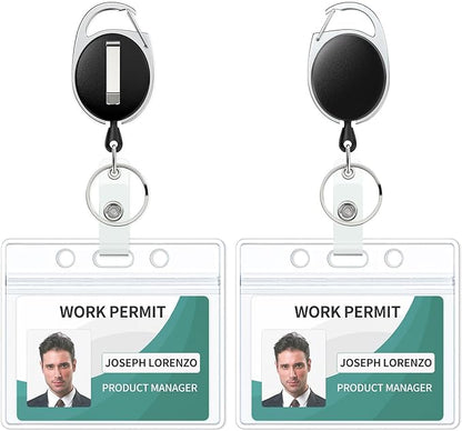 Uniclife 2 Pack Badge Holder Horizontal Clear Plastic Case with Retractable Badge Reel Carabiner Clip Soft Waterproof Card Protector for IDs Credit Cards Proximity Cards Driver’s Licenses and Passes