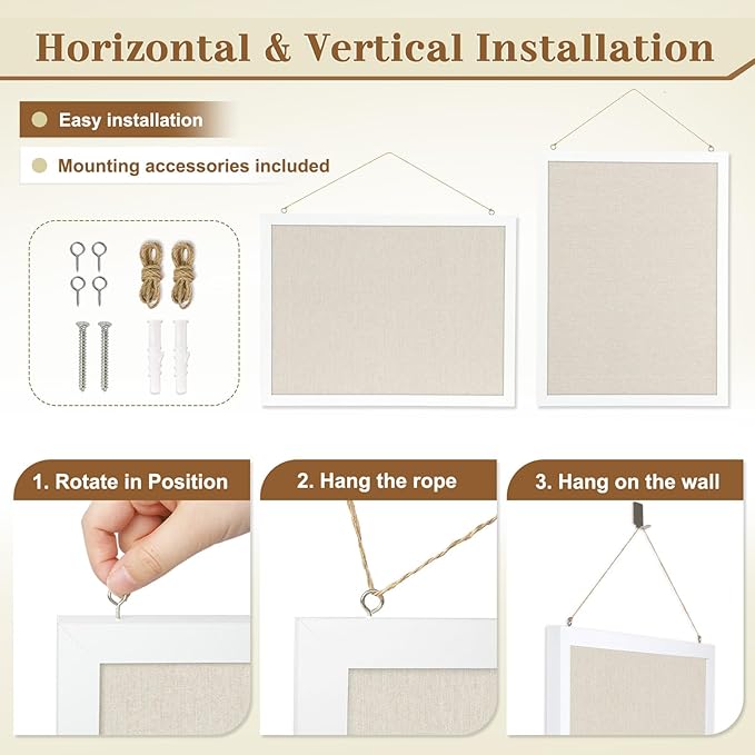 2-Pack Double-Sided Cork Board with Linen, 16" x 12" Hanging Wood Framed Bulletin Board, Picture Display Vision Board Kit Corkboards for Wall School Office Decor, 20 Pushpins (Vintage White)