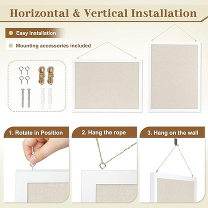 2-Pack Double-Sided Cork Board with Linen, 16" x 12" Hanging Wood Framed Bulletin Board, Picture Display Vision Board Kit Corkboards for Wall School Office Decor, 20 Pushpins (Vintage White)