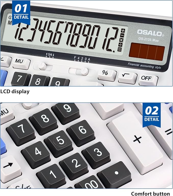 Desktop Calculator, Extra Large LCD Display Computer Button 12 Digits Accounting Calculator (OS-2135 Pro-2Pcs)