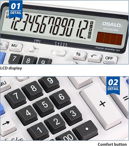 Desktop Calculator, Extra Large LCD Display Computer Button 12 Digits Accounting Calculator (OS-2135 Pro-2Pcs)