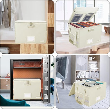 ENGPOW File Box with Lock, Fireproof Document Box with Zipper Lid,Collapsible File Storage Organizer Box Filing Box with Handle,Portable Home Office Safe Box for Hanging Letter/Legal Folder,Beige