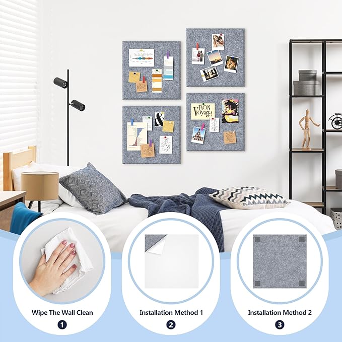 4 Pack Cork Board Tiles 12x12 Inches, 1/2" Thick Felt Cork Squares with 30 Push Pins, Bulletin Board Pin Board, Adhesive Cork Board for for Wall for Home, Office, and Kitchen (Gray)