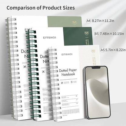 EMSHOI Spiral Notebook Bullet Dotted Journal, A5 Dotted Grid Notebook with 300 Pages, 100gsm Thick Paper, Waterproof Softcover Notebook for School Work Writing, 5.7" × 8.22" - Dark Green