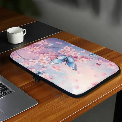 Butterfly Print Laptop Bag for Girls, 13 Inch Peach Blossom Laptop Sleeve Soft Laptop Case Bag for Girls, Waterproof Laptop Briefcase Computer Bag with Zipper