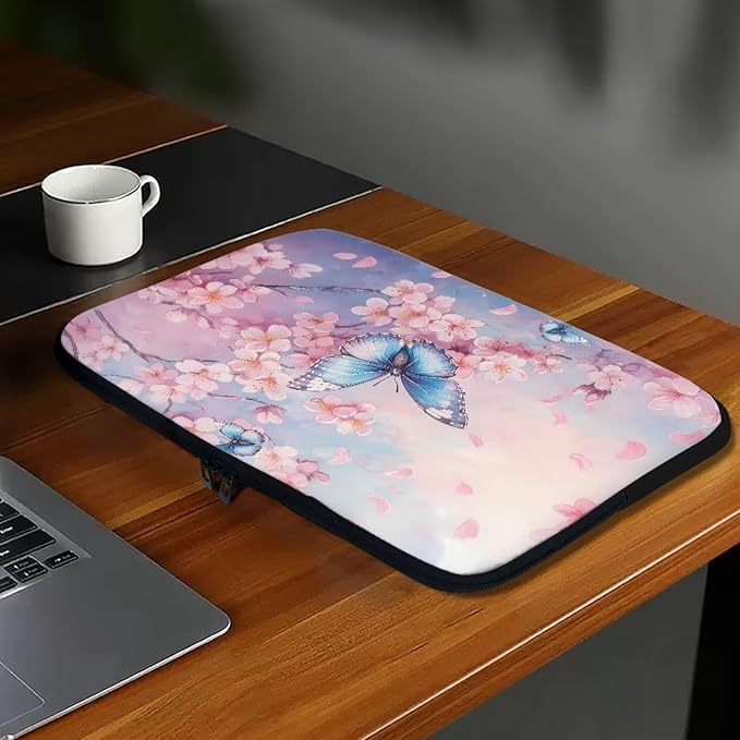 Butterfly Print Laptop Bag for Girls, 10 Inch Peach Blossom Laptop Sleeve Soft Laptop Case Bag for Girls, Waterproof Laptop Briefcase Computer Bag with Zipper