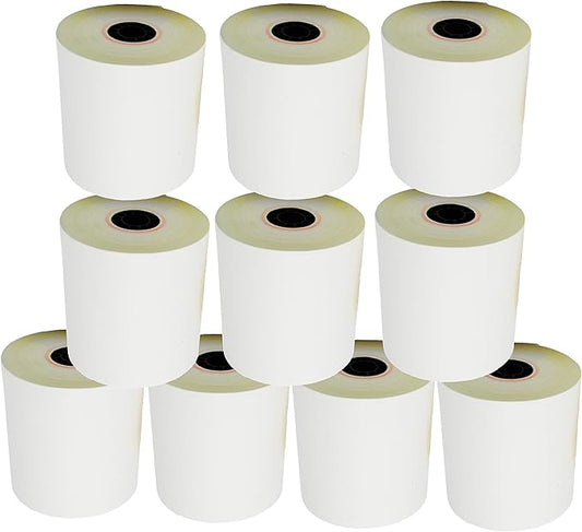 (10 Rolls - 50 GSM) 3'' x 95' White/Canary 2 Ply Carbonless Kitchen Printer Paper Cash Register Receipt Rolls for Star Micronics SP2000, UP389 VeriFone Omni 480, Printer 220, 250, 900 TMU 220