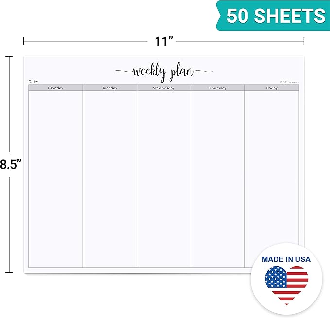 321Done Weekday Planning Notepad (8.5" x 11") Letter Size Large 50 Sheets for Work Week – Monday through Friday M-F Planner Weekly Days of Week Paper Memo Note Pad Organizing - Made in USA - Simple