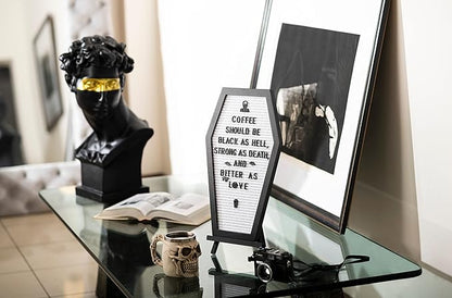 Coffin Letter Board White With Spooky Emojis +500 Characters, and Wooden Stand - 17x10.5 Inches - Gothic Halloween Decor Spooky Gifts Decorations