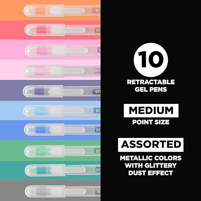 SAKURA Gelly Roll Retractable Gel Pens Colored - Stardust Glitter Gel Pens - 08 Medium Point Ink Pen for Journaling, Art, or Drawing - Assorted Colored Ink - 10 Pens
