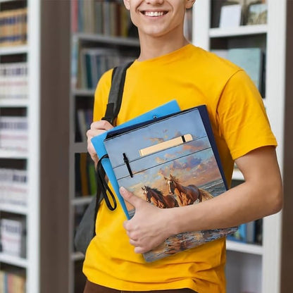 COEQINE Horses Themes Large Black Book Cover Case Zippered Organizer for School Teacher Student Hardcover Book Sleeves Cover with Pen Holder Beach Horse Sunset Pattern Book Sleeves