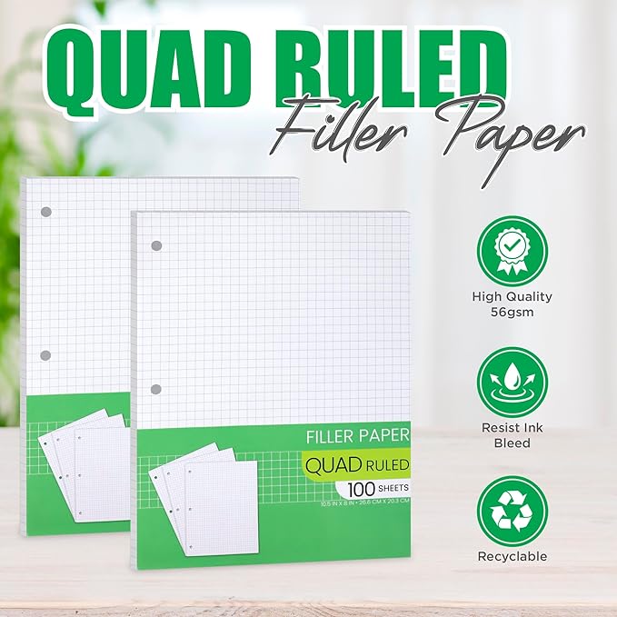 Graph Paper, Filler Paper Loose leaf Graph Paper - 8” x 10.5" - Graph Ruled, 4x4 Quad Ruled Notebook Paper, 3 Hole Punched Loose leaf Papers for 3 Ring Binders - 100 Sheets per Pack (2 Pack)