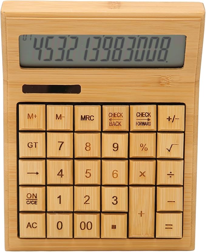 Zopsc Bamboo Calculator, Wooden Solar Calculators with 12 Bit Digital LCD Screen, Basic Standard Function Desk Calculators with 29 Big Buttons for Office Home School Store