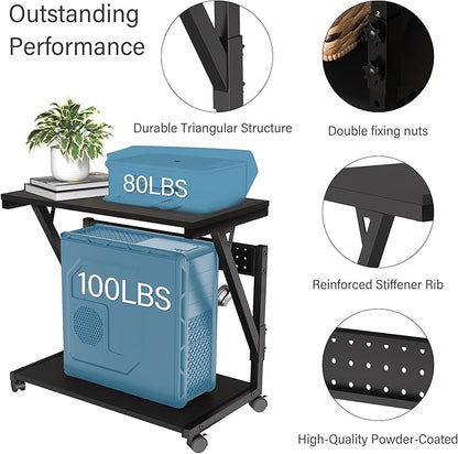 Computer Tower Cart - Height Adjustable PC Stand, 2-Tier ATX-Case CPU Holder Home Office Gaming Desk Accessories with Rolling Lockable Wheels, Laptop Table Standing Computer Desk, Rustic Black