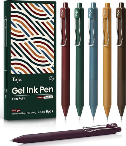 Taja Gel Pens, 6pcs 0.5mm Fine Point Smooth Writing Pens, Quick Dry Black Ink, Unisex, Adult, Vintage Style, Perfect for Writing, Note Taking, Everyday Use