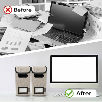 BALEINE File Organizer Box with Lid, Collapsible File Folder Organizer with Plastic Slide, Hanging File Folder Box for Office Document Storage (1 Pack, Beige, S)