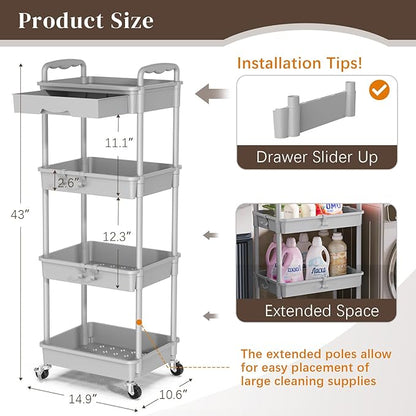 4 Tier Rolling Utility Cart with Drawer, Utility Storage Organizer with Plastic Shelf & Lockable Wheels Multifunctional Storage Cart for Kitchen, Bathroom, Office, Living Room, Gray