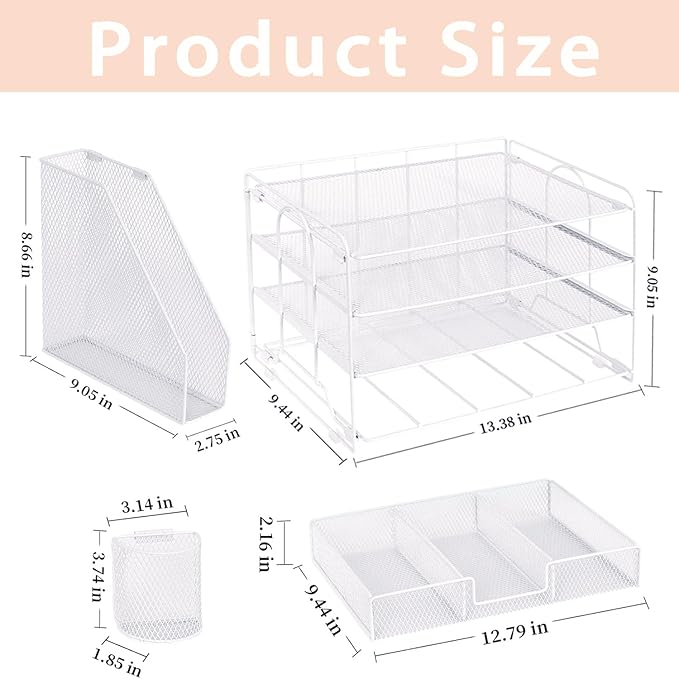 Desk Organizers and Accessories, Desk Accessories & Workspace Organizers for Office Supplies, File Organizer Desk Drawer Organizer with 2 Pen Holders, 4 Tier Paper Organizer for Desk(White)