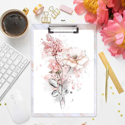 WAVEYU Marble Hardboard Office Clipboard, Decorative Clipboard with Low Profile Clip Chic Designed for Students Classroom School and Office Use, White (12.5"x9")