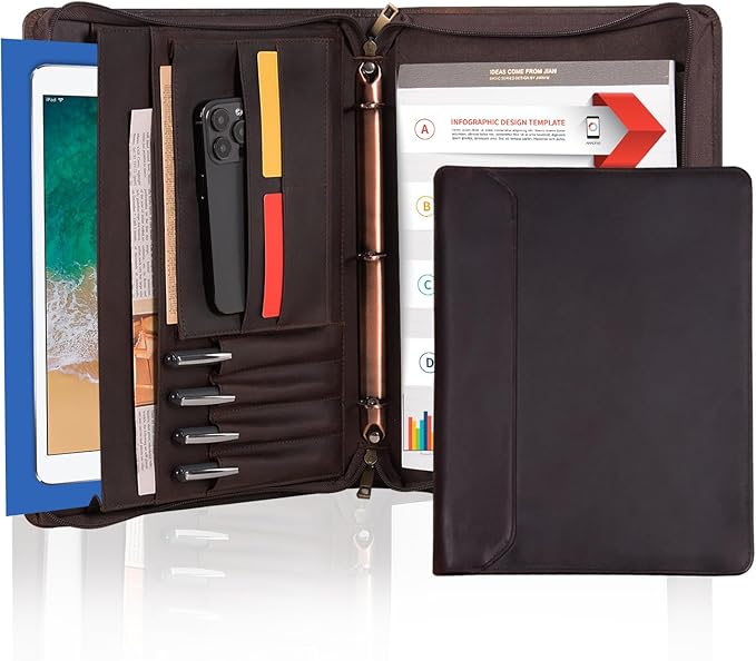 AZXCG Leather Portfolio for Men, 3 Ring Binder Professional Resume Portfolio Folder, Business Organizer Padfolio with YKK Zipper, Document Work Folio for 8.5x11 Writing Pad, Black